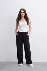 Women’s Tomato Store Soft Track Wide Sweatpants Smooth Brushed Texture Across A Plain Surface Center Seam Lines