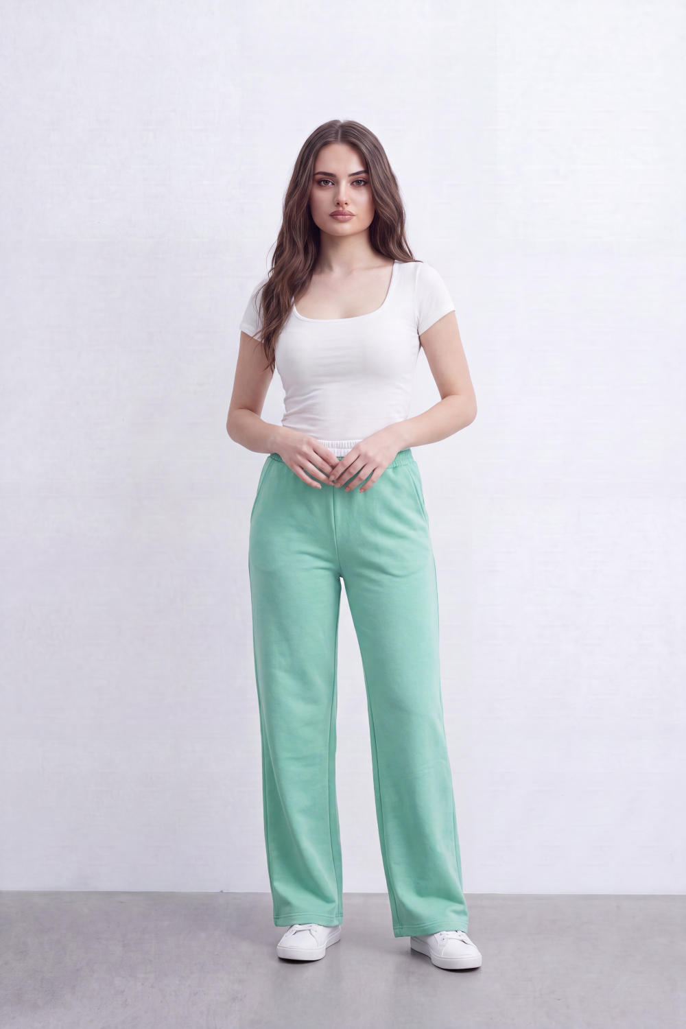 Women’s Tomato Store Soft Track Wide Sweatpants Smooth Brushed Texture Across A Plain Surface Center Seam Lines