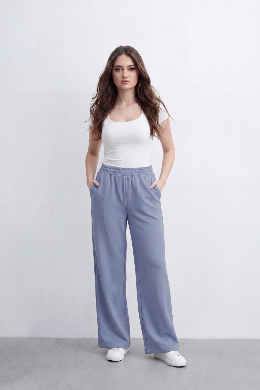 Women’s Tomato Store Cloud Ease Wide Leg Pants Soft Brushed Texture Clean Plain Surface Elastic Waist Side Pockets Full Length Flowing Shape