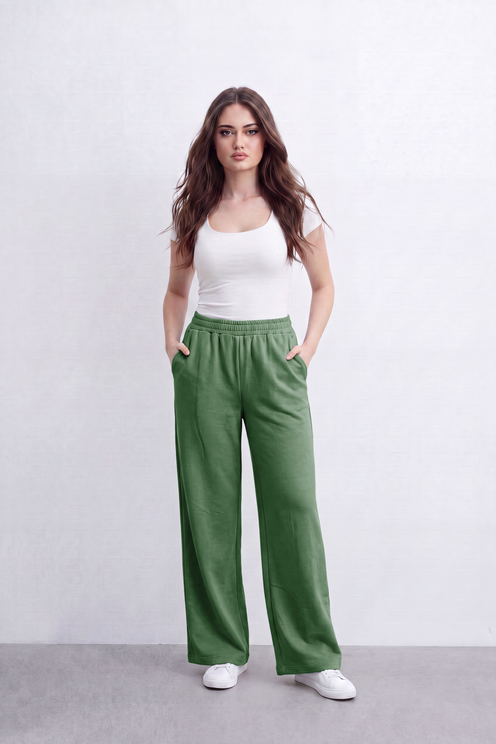 Women’s Tomato Store Cloud Ease Wide Leg Pants Soft Brushed Texture Clean Plain Surface Elastic Waist Side Pockets Full Length Flowing Shape