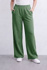 Women’s Tomato Store Cloud Ease Wide Leg Pants Soft Brushed Texture Clean Plain Surface Elastic Waist Side Pockets Full Length Flowing Shape