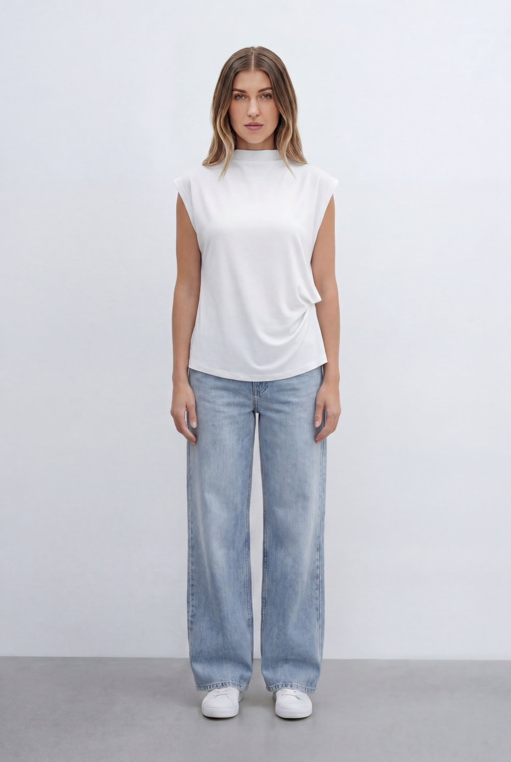 Women’s Tomato Store Top Soft Draped Side Detail Mock Neck Design Cap Sleeves