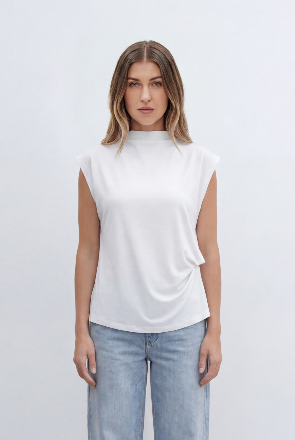 Women’s Tomato Store Top Soft Draped Side Detail Mock Neck Design Cap Sleeves