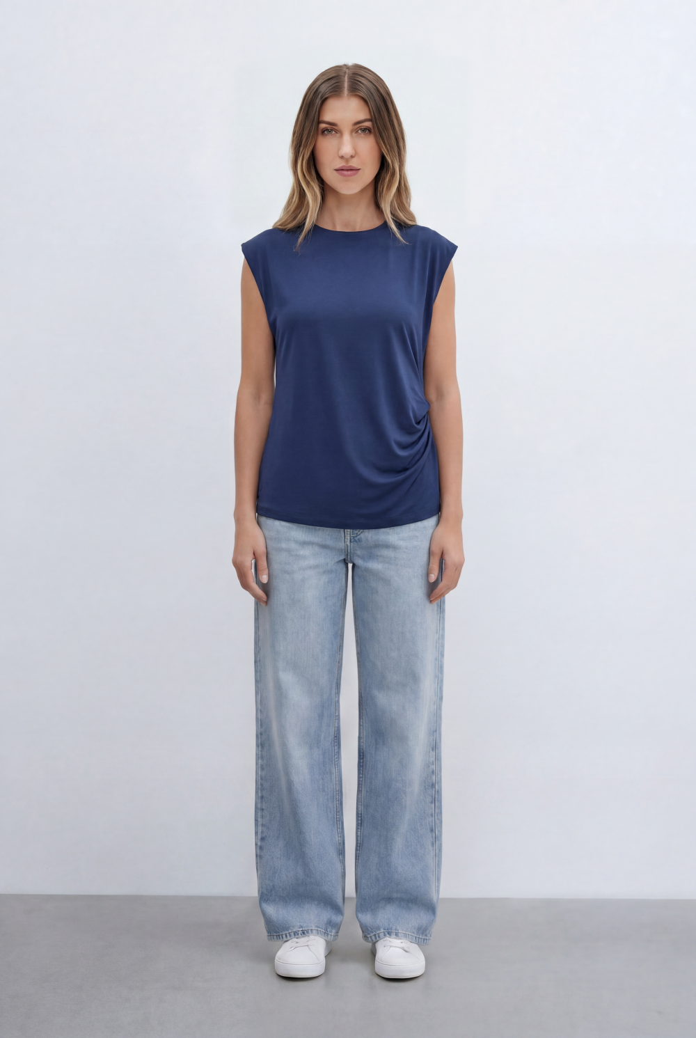 Women’s Tomato Store Top Soft Draped Side Detail Mock Neck Design Cap Sleeves