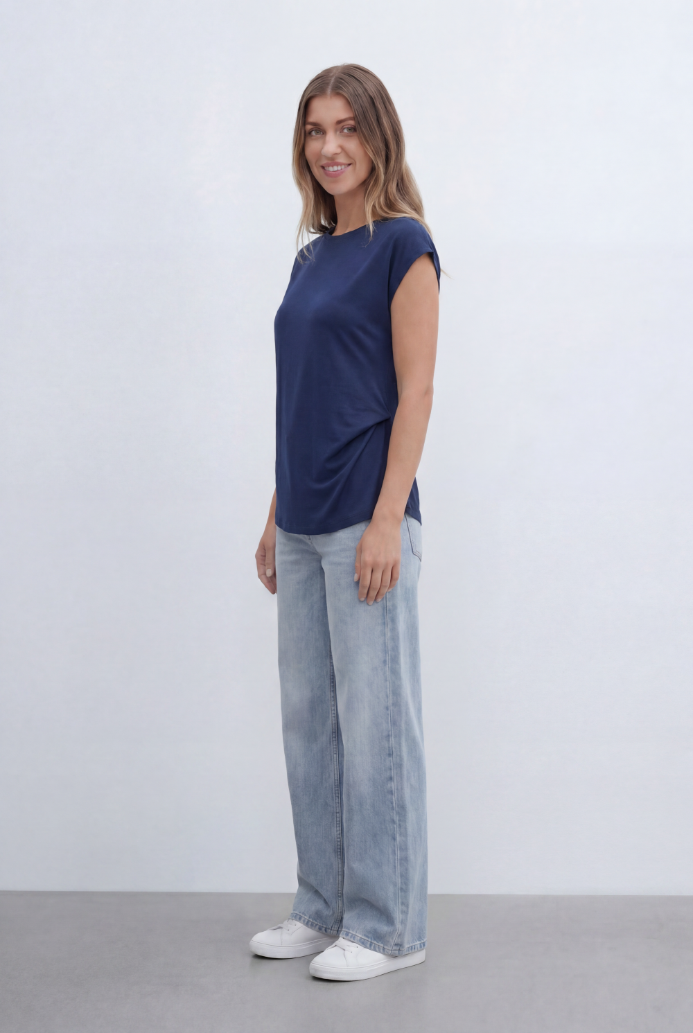 Women’s Tomato Store Top Soft Draped Side Detail Mock Neck Design Cap Sleeves