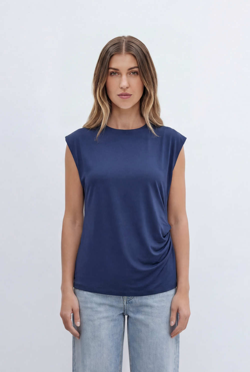 Women’s Tomato Store Top Soft Draped Side Detail Mock Neck Design Cap Sleeves
