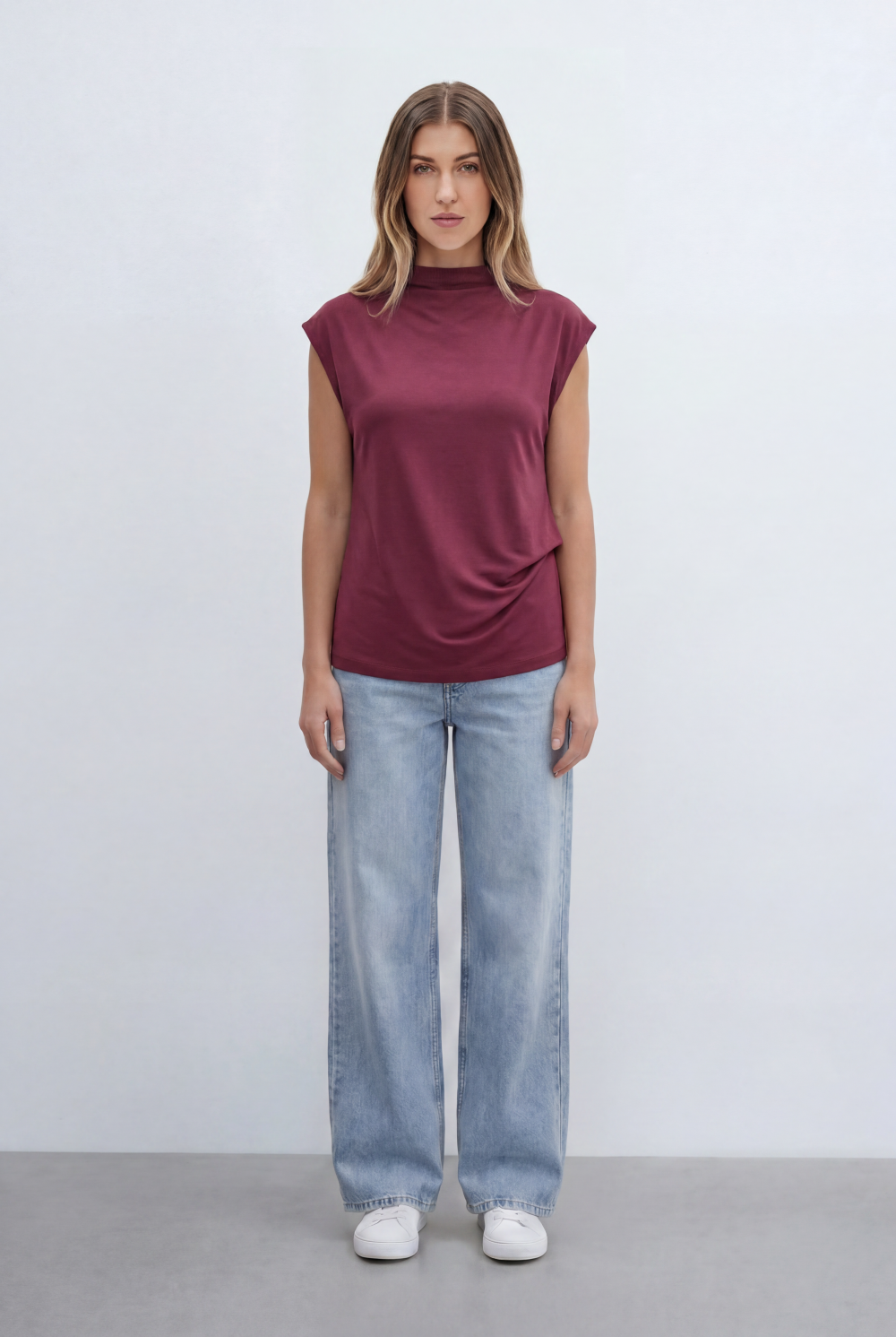 Women’s Tomato Store Top Soft Draped Side Detail Mock Neck Design Cap Sleeves