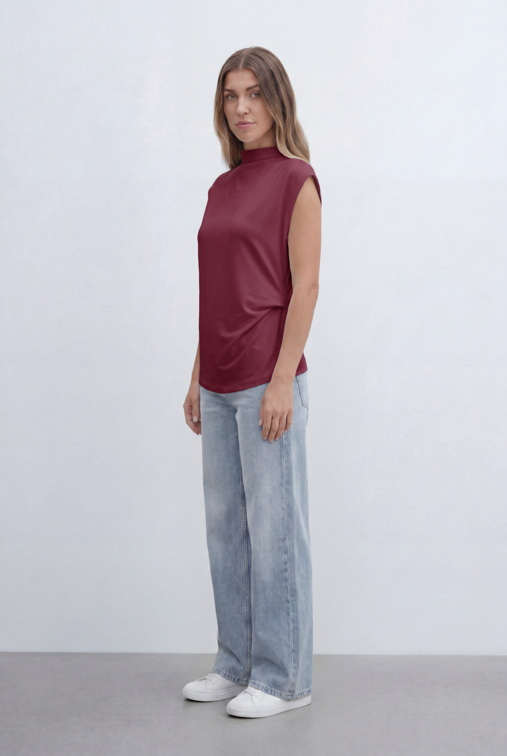 Women’s Tomato Store Top Soft Draped Side Detail Mock Neck Design Cap Sleeves