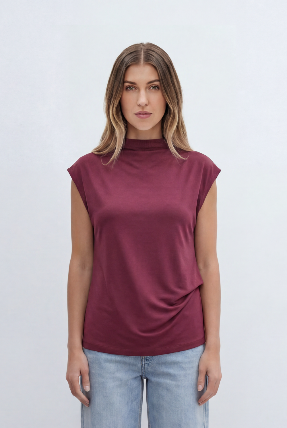 Women’s Tomato Store Top Soft Draped Side Detail Mock Neck Design Cap Sleeves