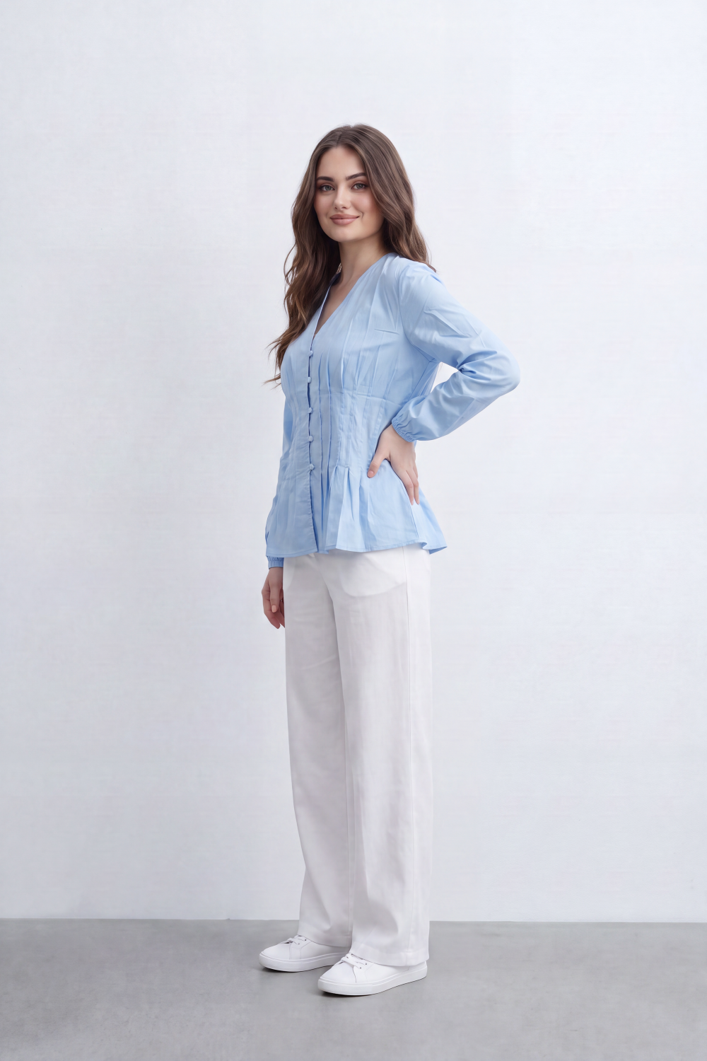 Women’s Tomato Store Pintuck Muse Blouse Washed Grain Surface Shaped Structured Pintuck Waist