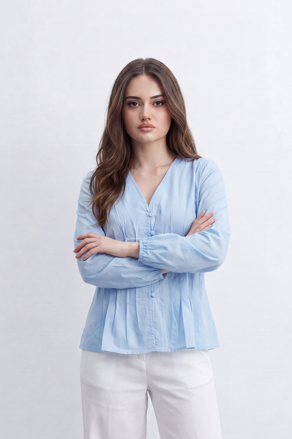 Women’s Tomato Store Pintuck Muse Blouse Washed Grain Surface Shaped Structured Pintuck Waist