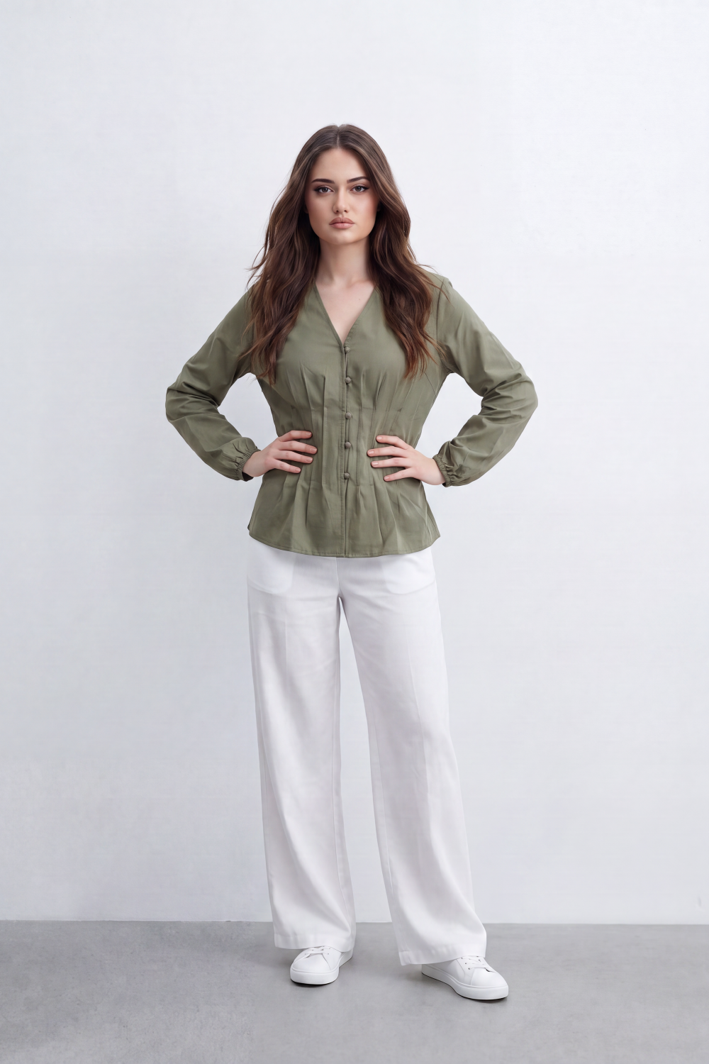 Women’s Tomato Store Pintuck Muse Blouse Washed Grain Surface Shaped Structured Pintuck Waist