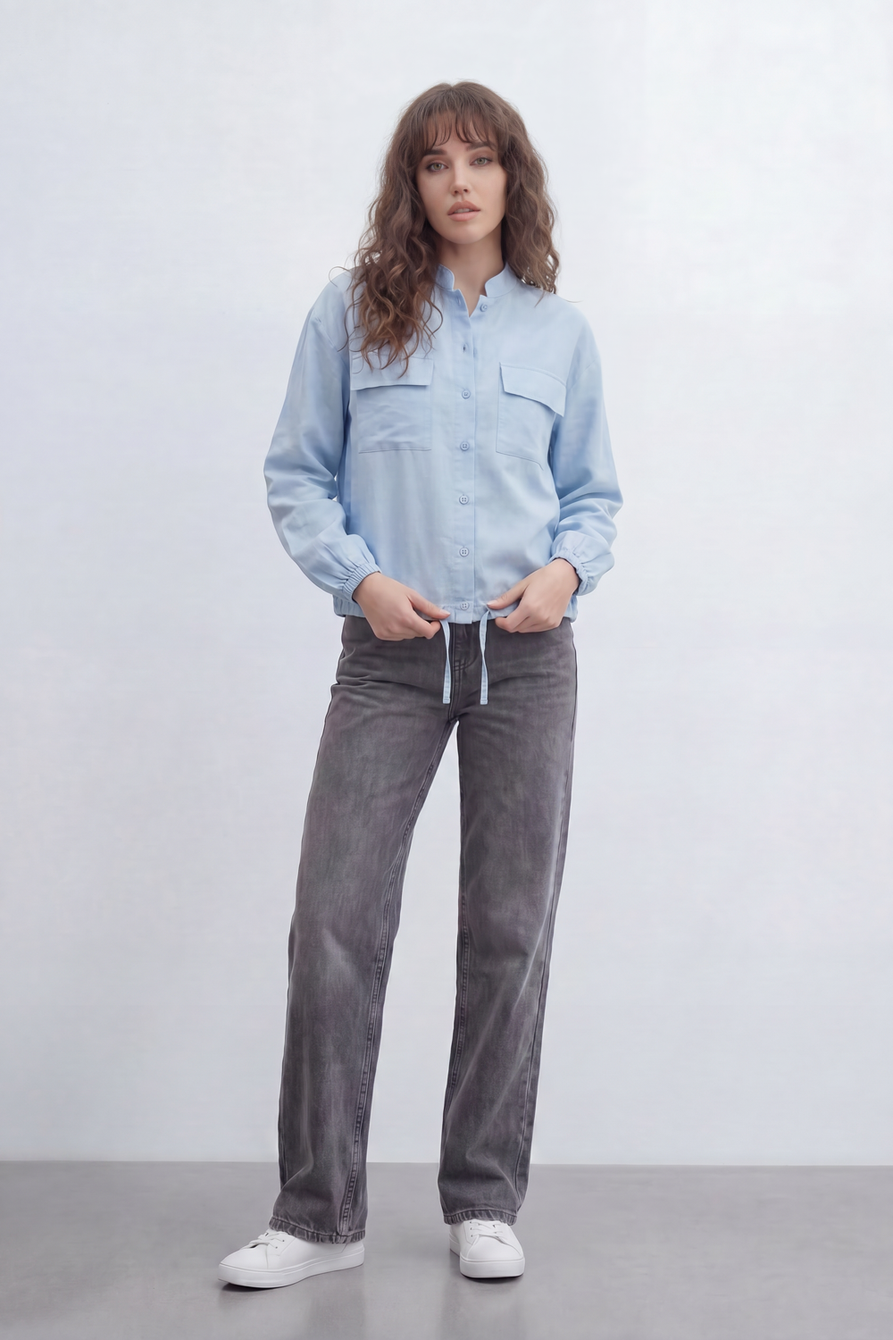 Women’s Tomato Store Soft Utility Blouse With Washed Linen Look Texture Plain Solid Surface Front Button Closure Flap Pocket Detail