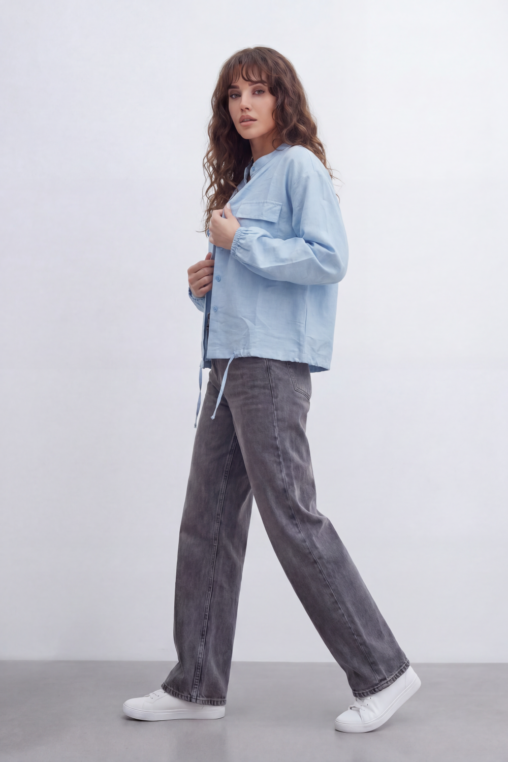 Women’s Tomato Store Soft Utility Blouse With Washed Linen Look Texture Plain Solid Surface Front Button Closure Flap Pocket Detail