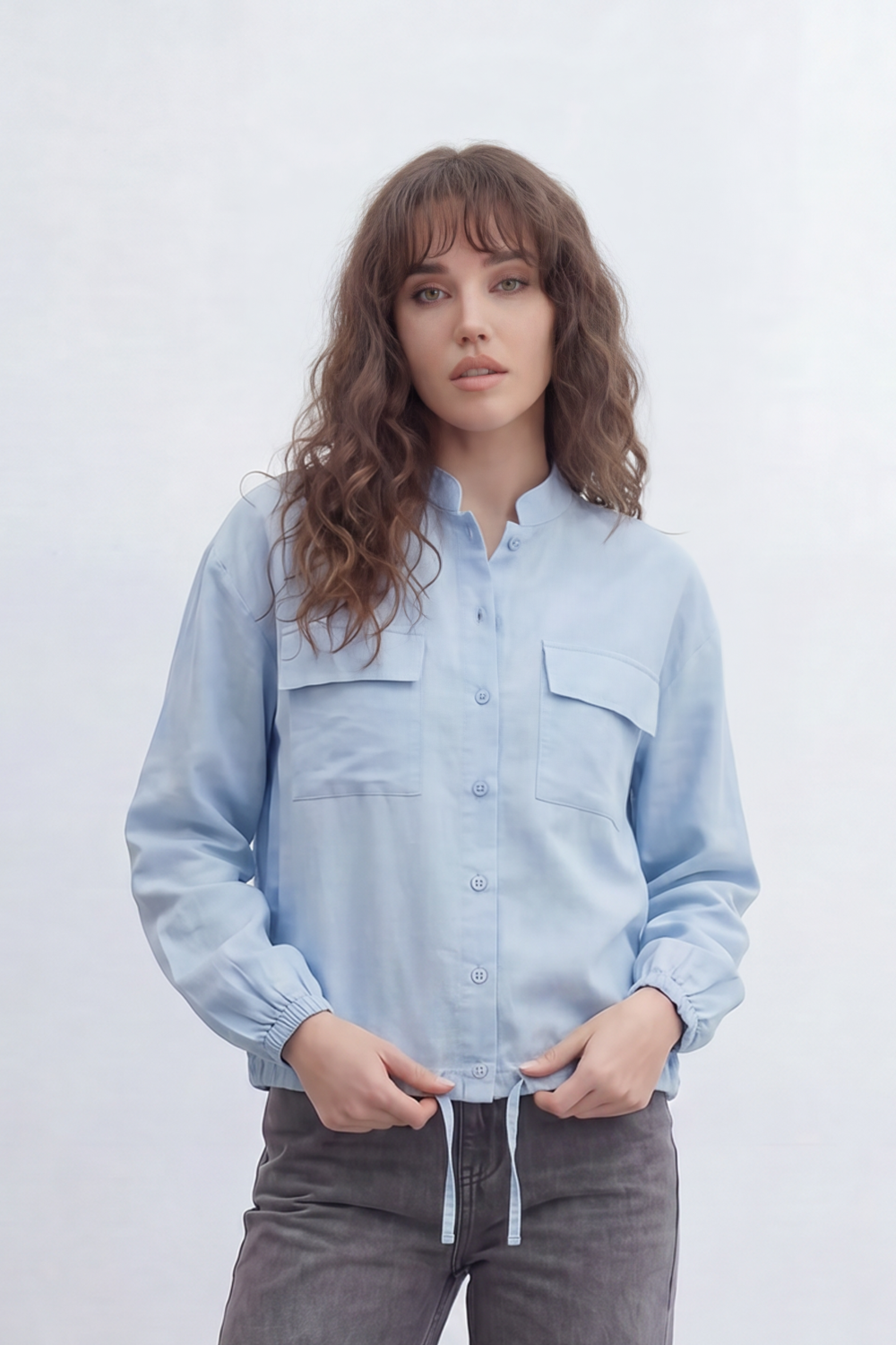 Women’s Tomato Store Soft Utility Blouse With Washed Linen Look Texture Plain Solid Surface Front Button Closure Flap Pocket Detail