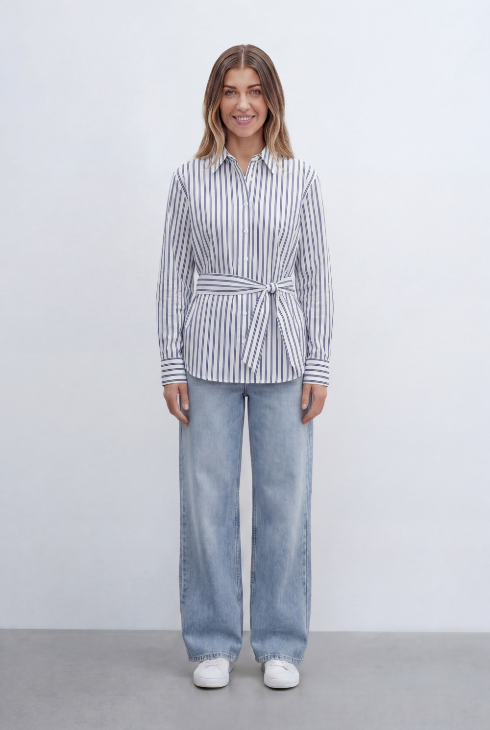Women’s Tomato Store Classic Striped Shirt With Adjustable Waist Tie Button Front Design