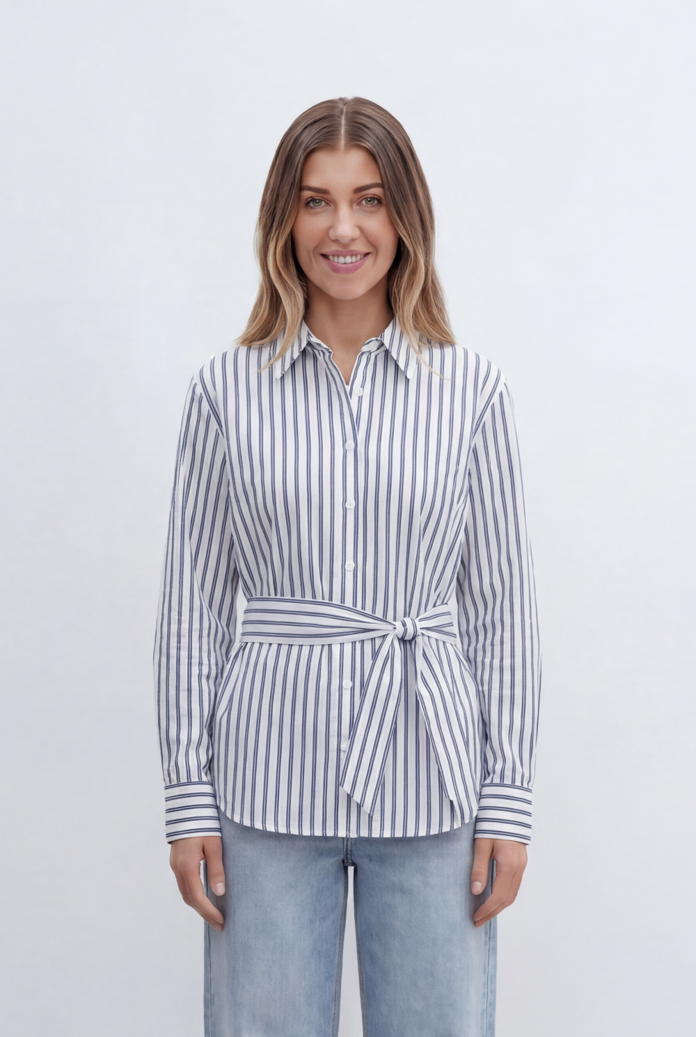 Women’s Tomato Store Classic Striped Shirt With Adjustable Waist Tie Button Front Design
