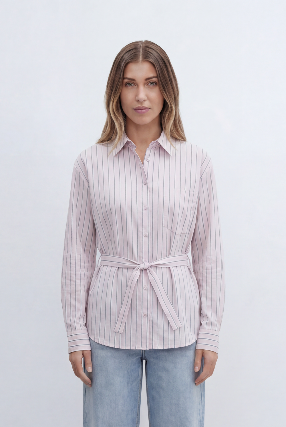 Women’s Tomato Store Classic Striped Shirt With Adjustable Waist Tie Button Front Design