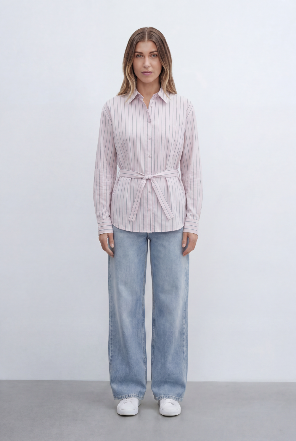 Women’s Tomato Store Classic Striped Blouse With Adjustable Waist Tie Button Front Design