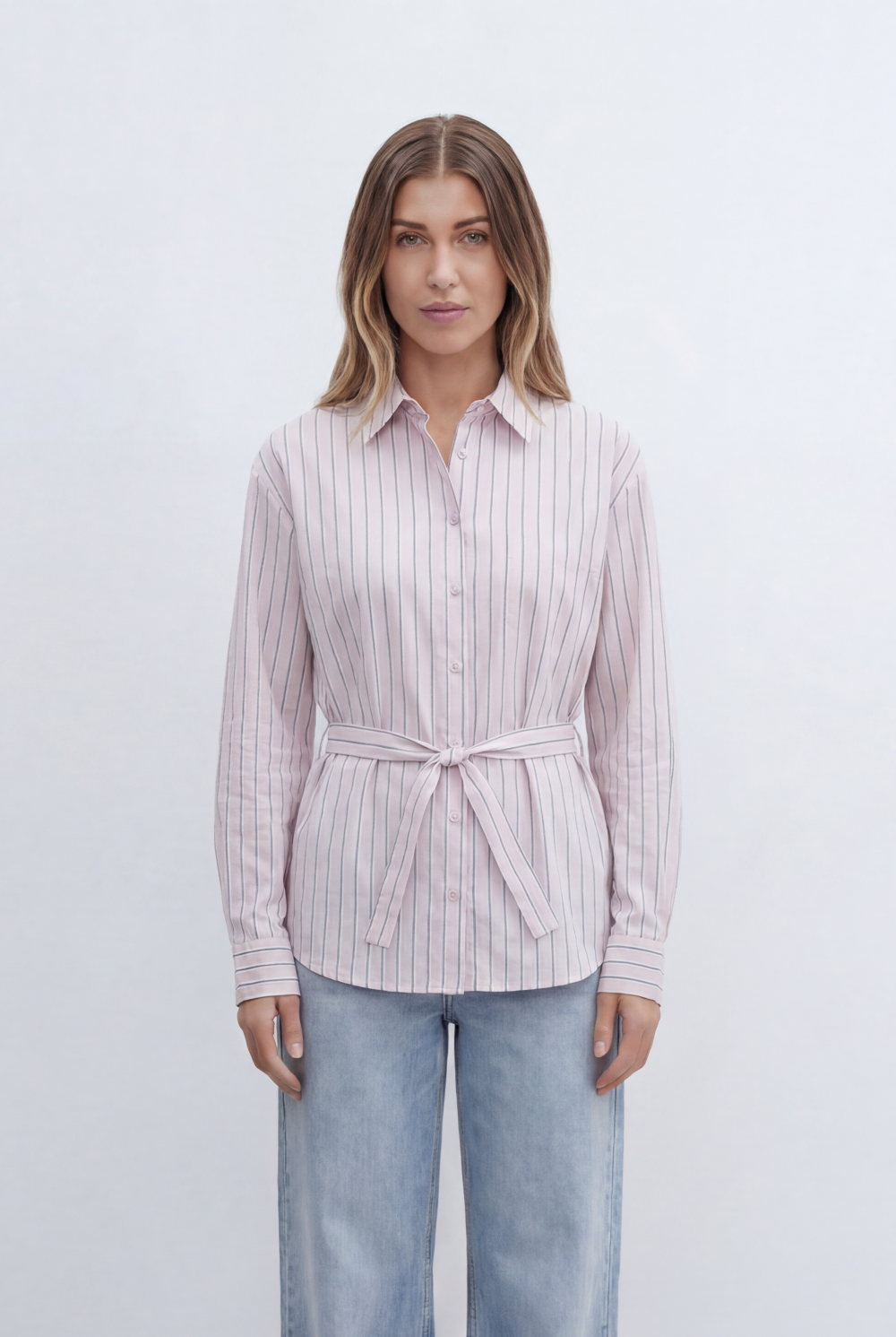 Women’s Tomato Store Classic Striped Blouse With Adjustable Waist Tie Button Front Design
