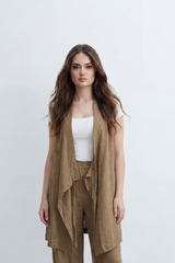 Women’s Tomato Store Nomad Linen Co-Ord Set With Crinkle Slub Texture Plain Dyed Surface Draped Outfit Paperbag Waist Front Tie Detail Relaxed Flowing Fit