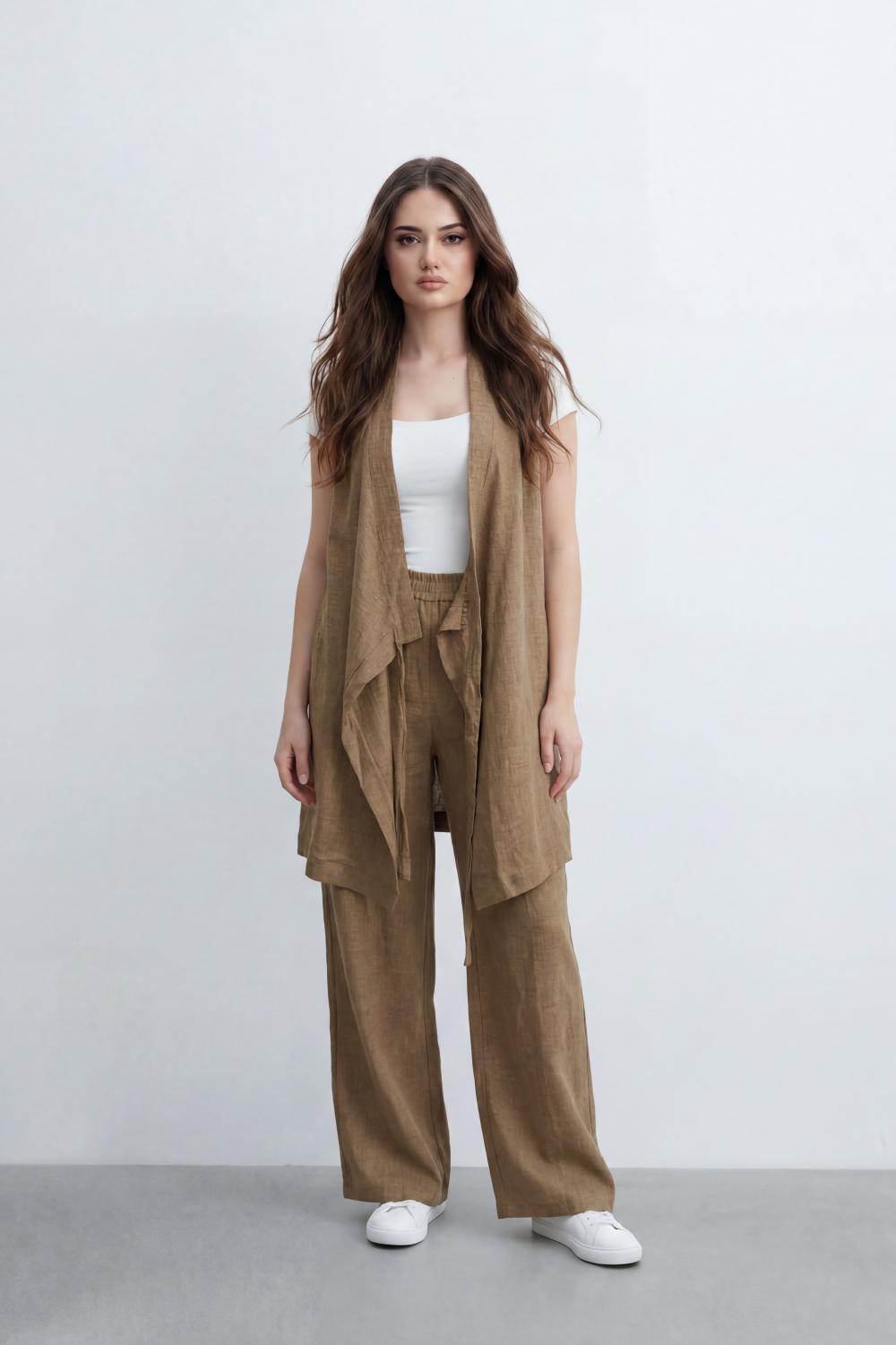 Women’s Tomato Store Nomad Linen Co-Ord Set With Crinkle Slub Texture Plain Dyed Surface Draped Outfit Paperbag Waist Front Tie Detail Relaxed Flowing Fit