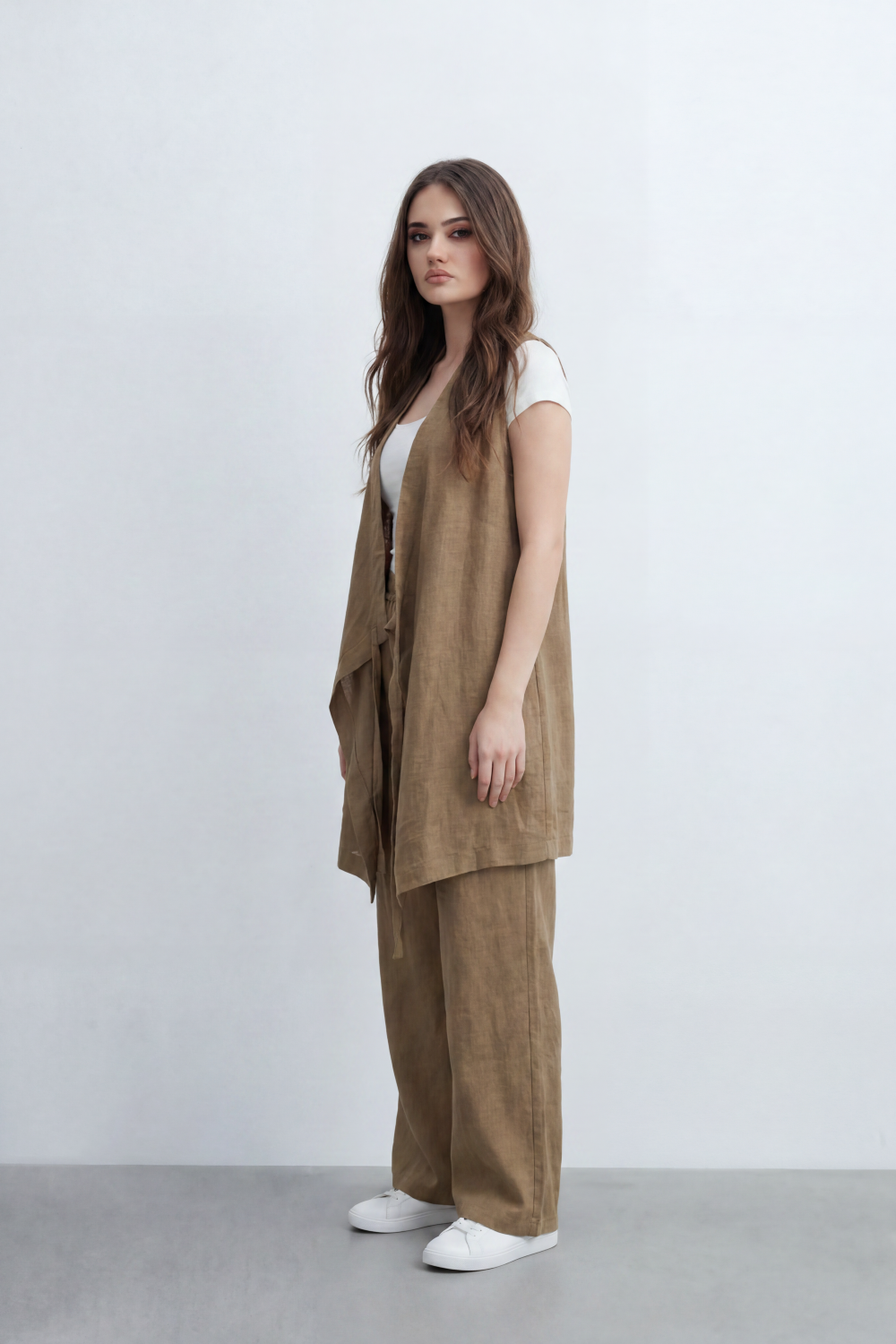 Women’s Tomato Store Nomad Linen Co-Ord Set With Crinkle Slub Texture Plain Dyed Surface Draped Outfit Paperbag Waist Front Tie Detail Relaxed Flowing Fit