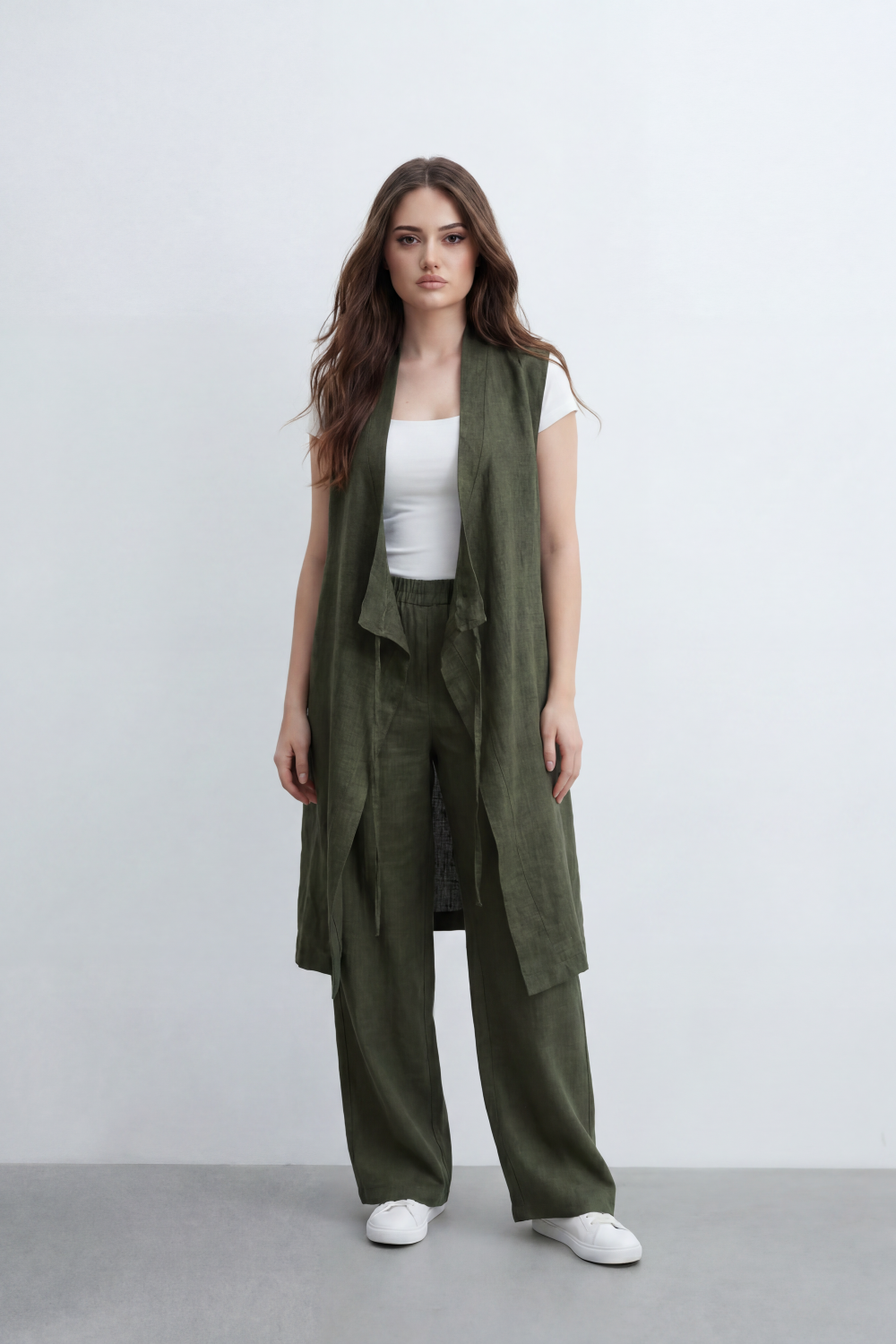 Women’s Tomato Store Nomad Linen Co-Ord Set With Crinkle Slub Texture Plain Dyed Surface Draped Outfit Paperbag Waist Front Tie Detail Relaxed Flowing Fit