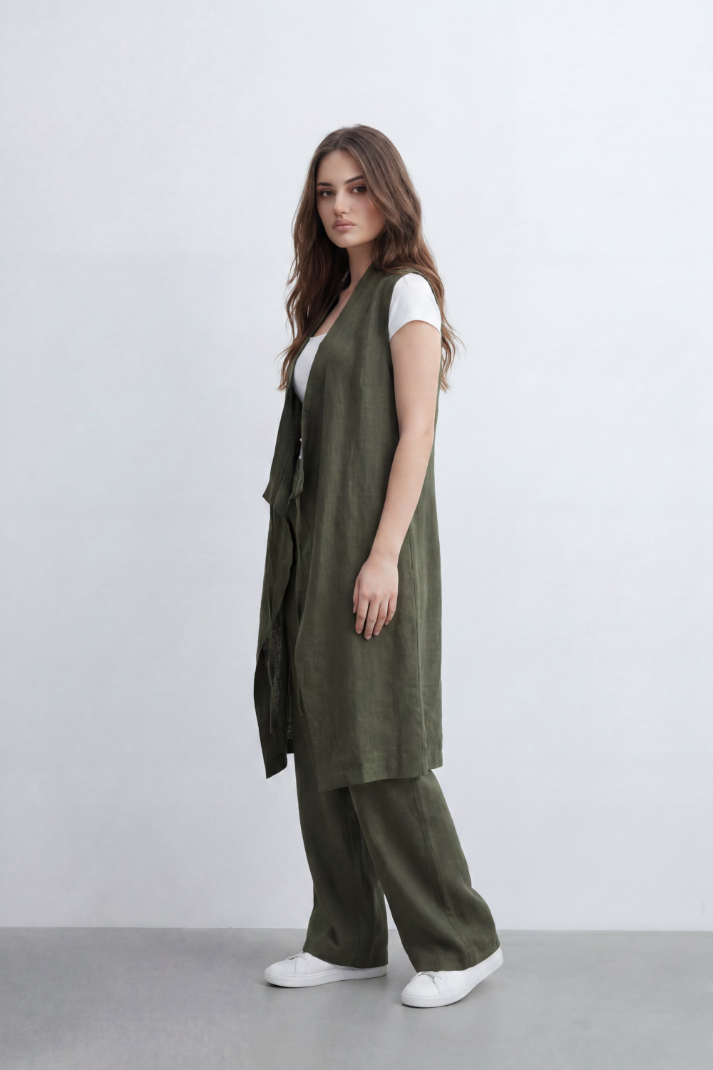 Women’s Tomato Store Nomad Linen Co-Ord Set With Crinkle Slub Texture Plain Dyed Surface Draped Outfit Paperbag Waist Front Tie Detail Relaxed Flowing Fit