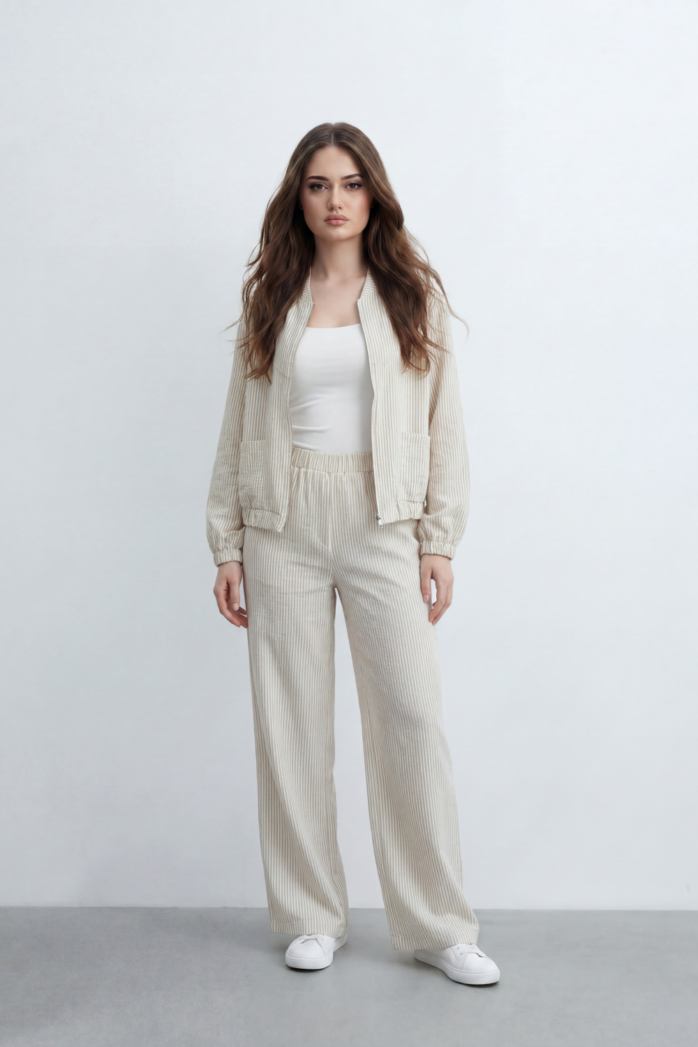 Women’s Tomato Store Pinstripe Flow Co-Ord Set Woven Texture Allover Vertical Stripe Print Zip Front Outfit