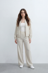 Women’s Tomato Store Pinstripe Flow Co-Ord Set Woven Texture Allover Vertical Stripe Print Zip Front Outfit