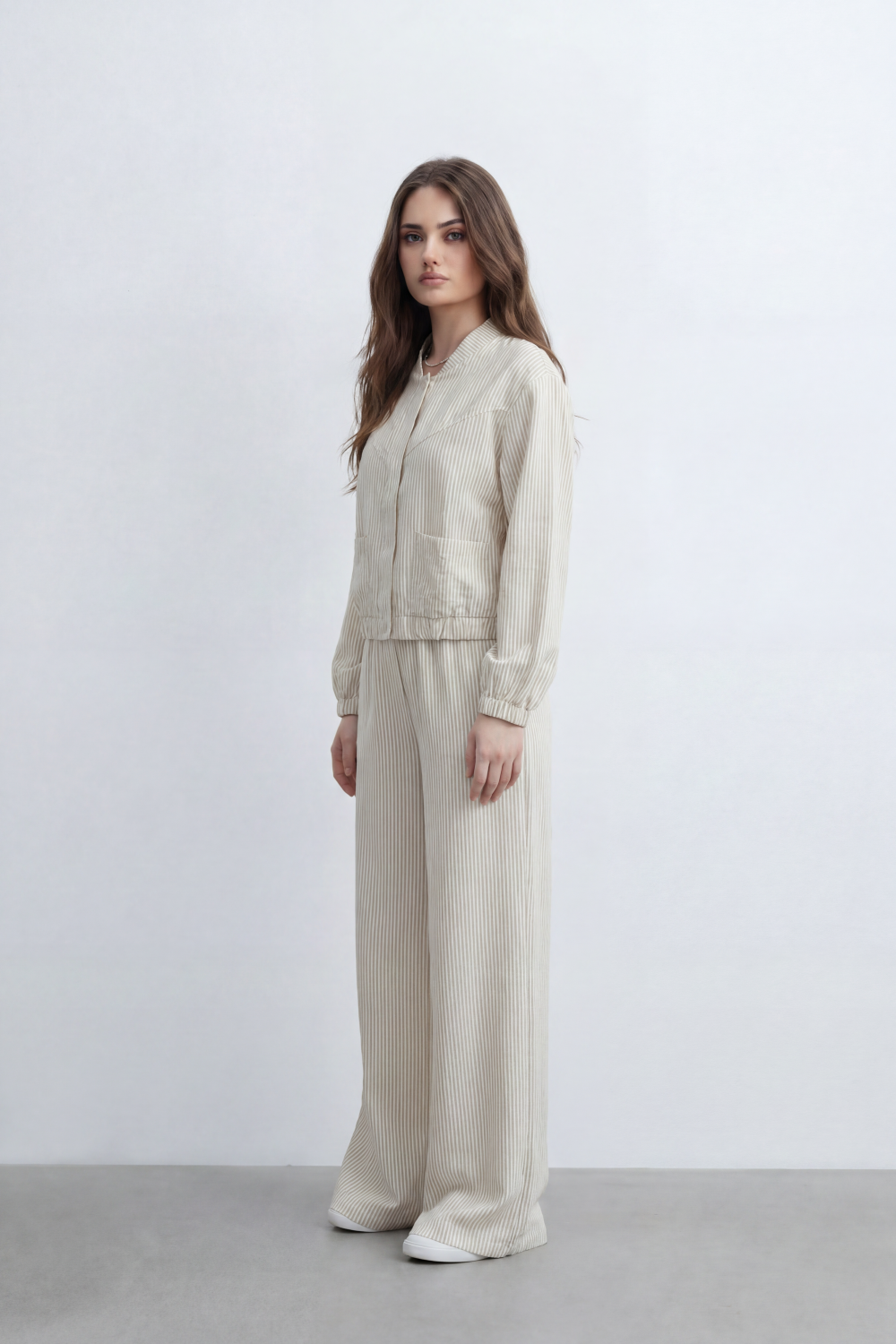 Women’s Tomato Store Pinstripe Flow Co-Ord Set Woven Texture Allover Vertical Stripe Print Zip Front Outfit