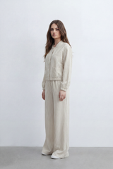 Women’s Tomato Store Pinstripe Flow Co-Ord Set Woven Texture Allover Vertical Stripe Print Zip Front Outfit