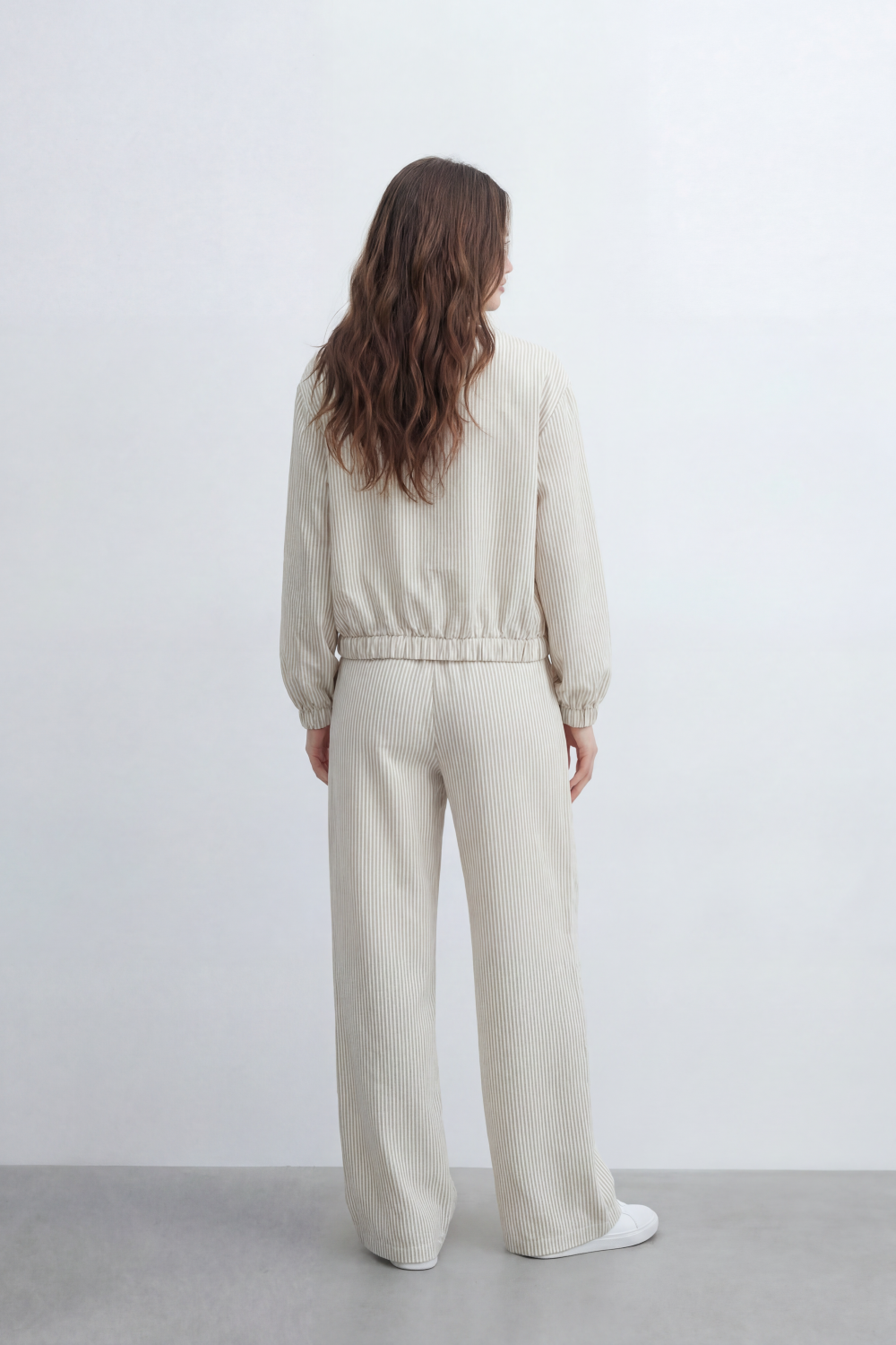 Women’s Tomato Store Pinstripe Flow Co-Ord Set Woven Texture Allover Vertical Stripe Print Zip Front Outfit