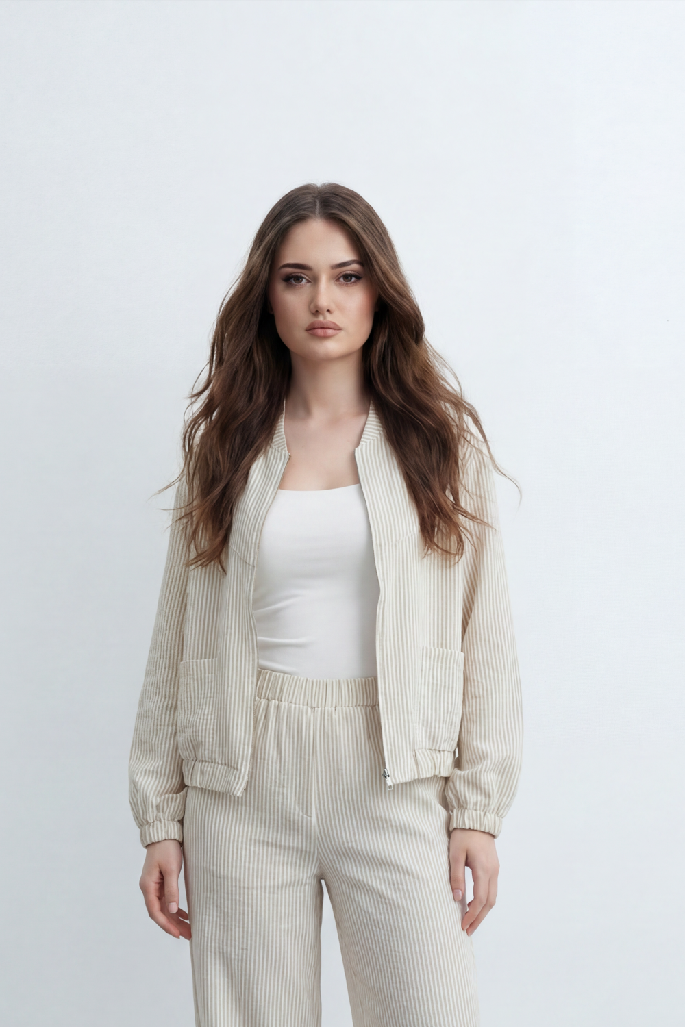 Women’s Tomato Store Pinstripe Flow Co-Ord Set Woven Texture Allover Vertical Stripe Print Zip Front Outfit