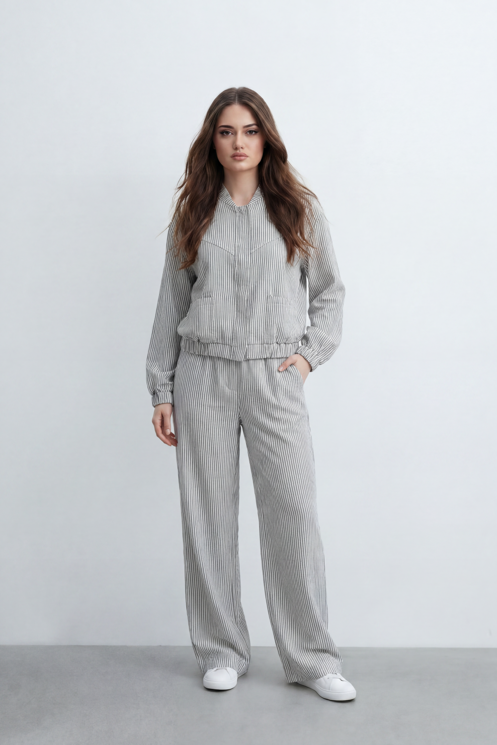 Women’s Tomato Store Pinstripe Flow Co-Ord Set Woven Texture Allover Vertical Stripe Print Zip Front Outfit