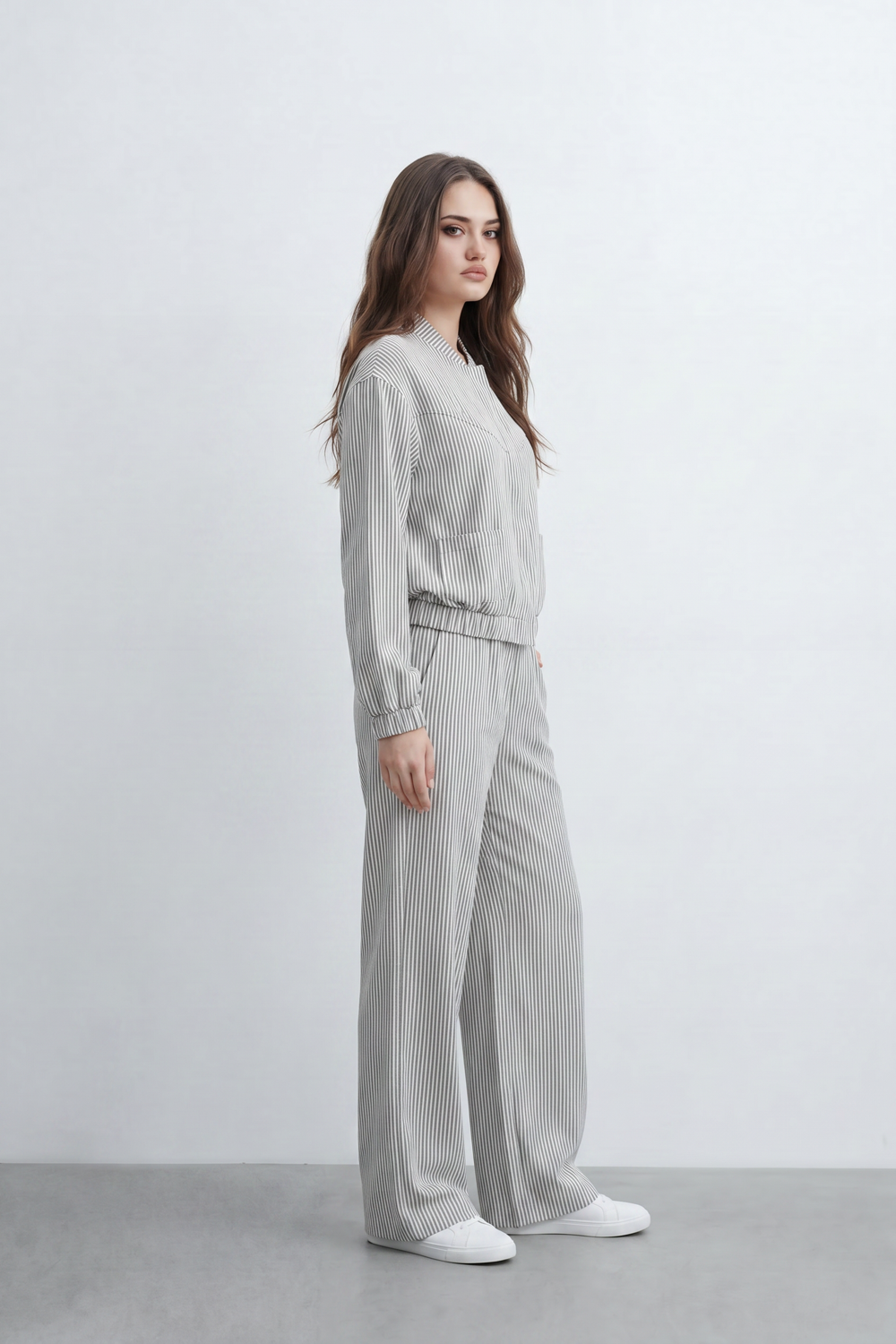 Women’s Tomato Store Pinstripe Flow Co-Ord Set Woven Texture Allover Vertical Stripe Print Zip Front Outfit