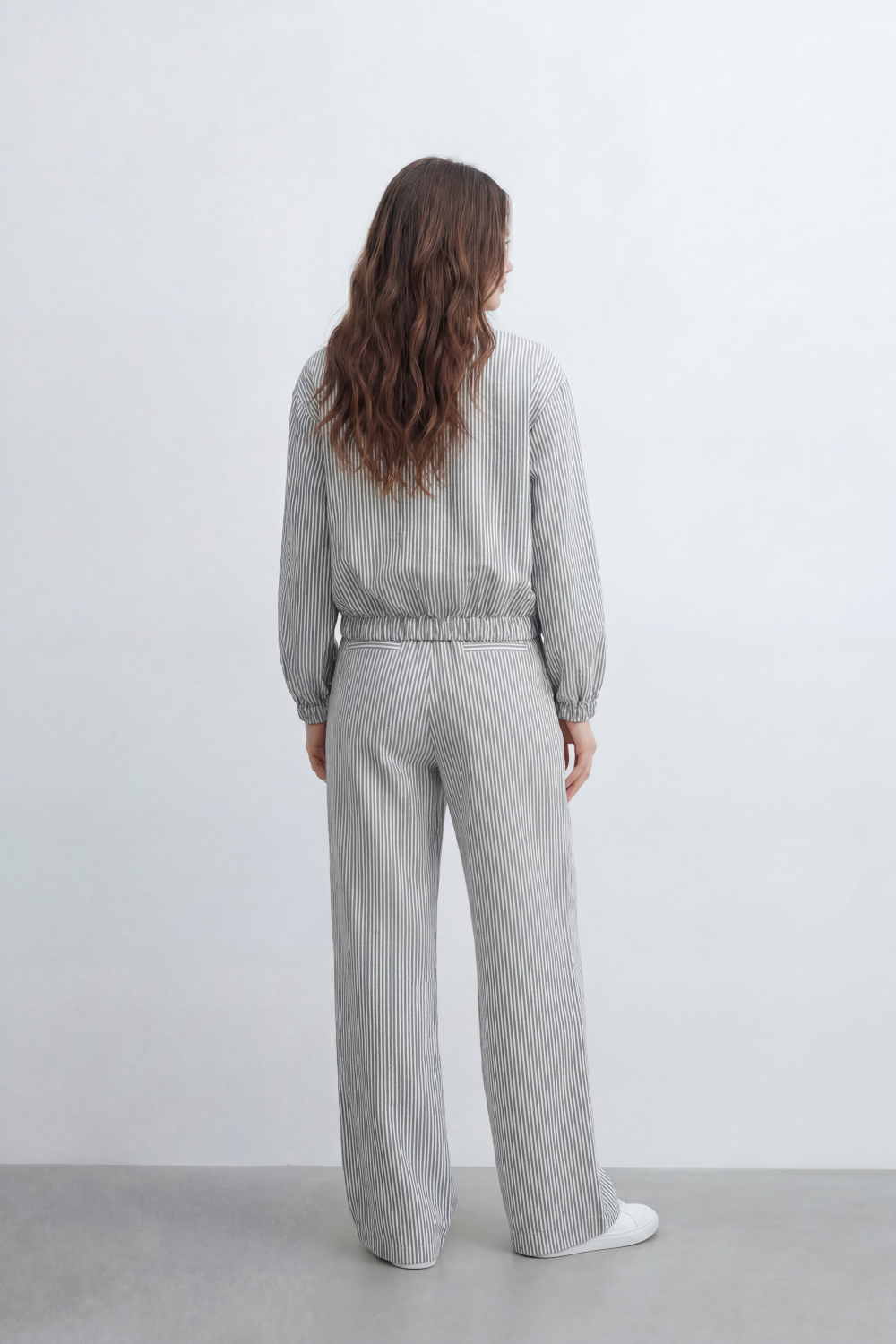 Women’s Tomato Store Pinstripe Flow Co-Ord Set Woven Texture Allover Vertical Stripe Print Zip Front Outfit