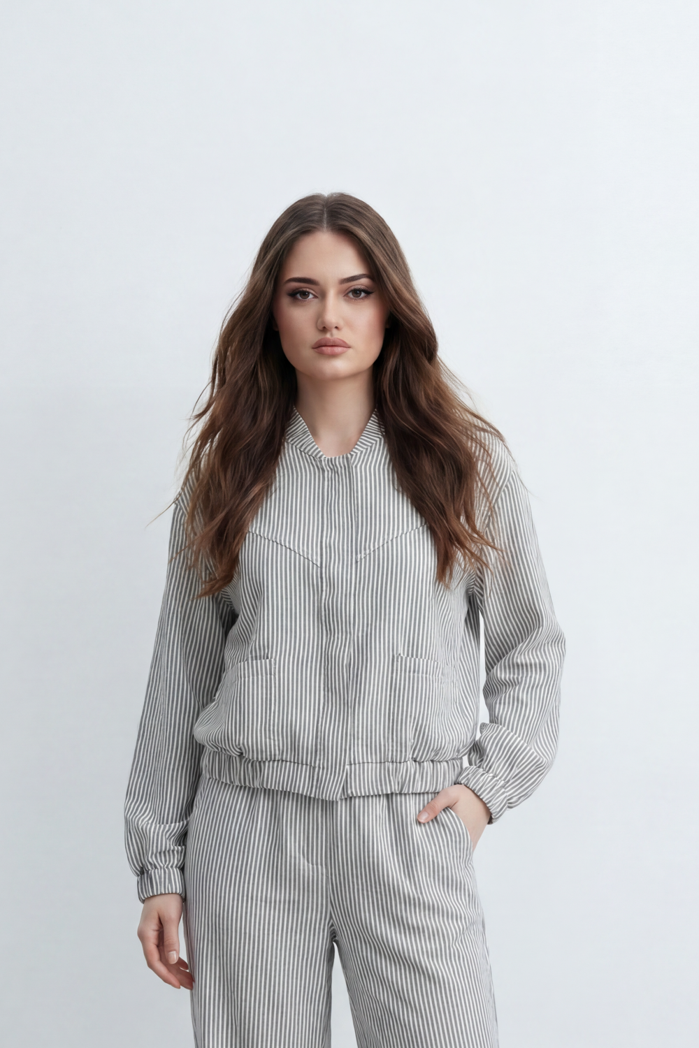 Women’s Tomato Store Pinstripe Flow Co-Ord Set Woven Texture Allover Vertical Stripe Print Zip Front Outfit
