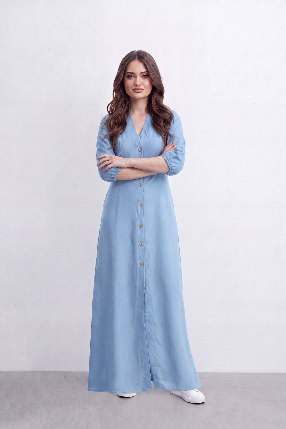 Women’s Tomato Store Flow Maxi Dress Crinkled Slub Surface Button Front Back Keyhole Detail Long Flowing Shape