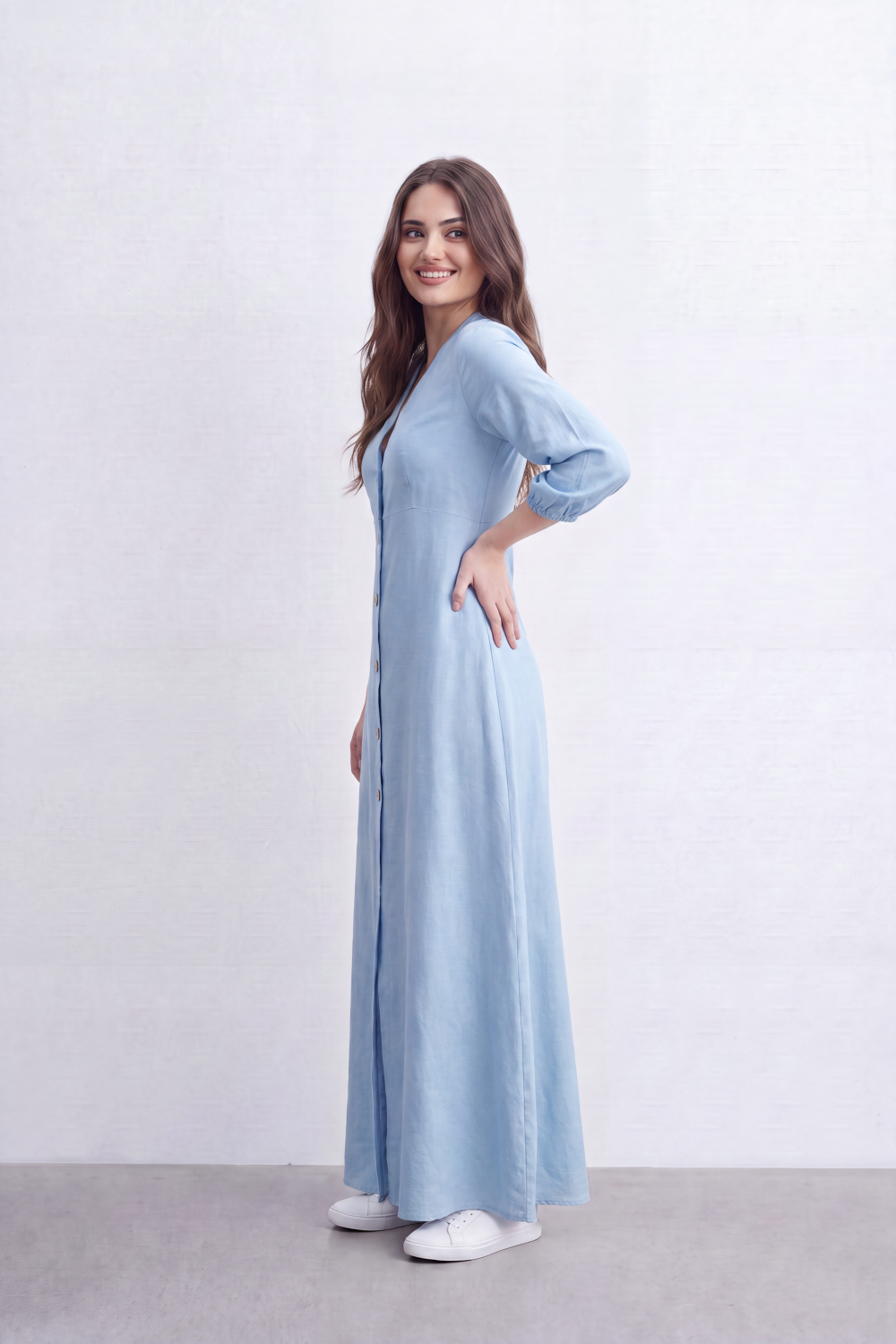 Women’s Tomato Store Flow Maxi Dress Crinkled Slub Surface Button Front Back Keyhole Detail Long Flowing Shape