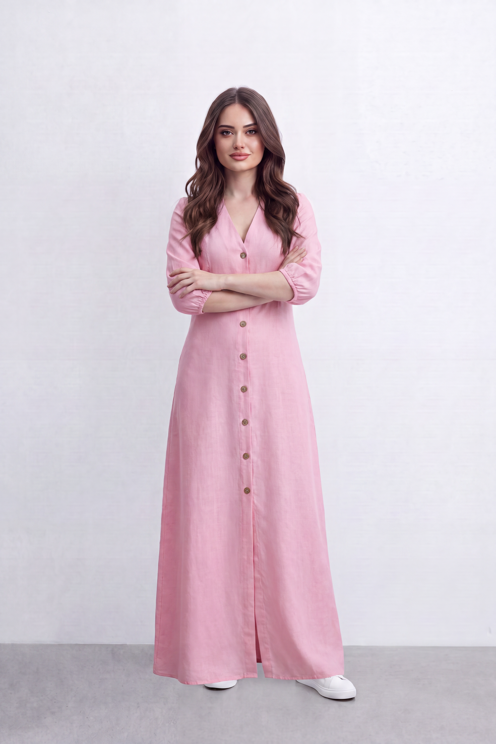 Women’s Tomato Store Flow Maxi Dress Crinkled Slub Surface Button Front Back Keyhole Detail Long Flowing Shape