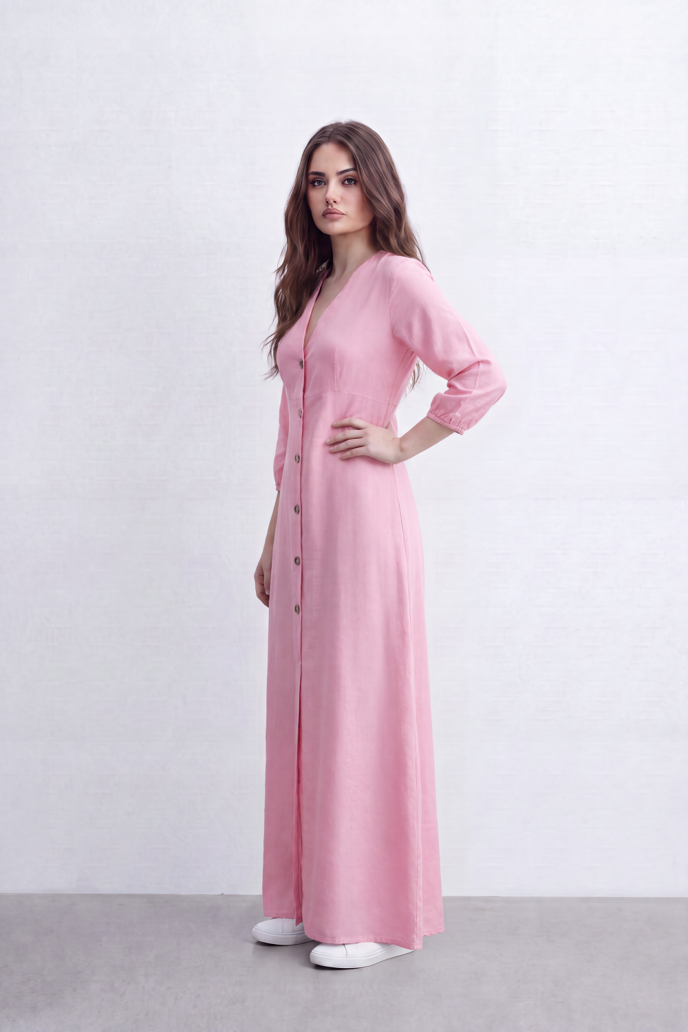 Women’s Tomato Store Flow Maxi Dress Crinkled Slub Surface Button Front Back Keyhole Detail Long Flowing Shape