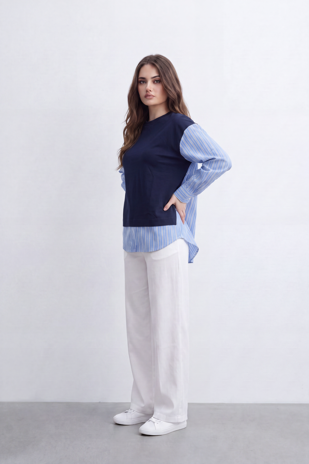 Women’s Tomato Store Layered Stripe Panel T-Shirt Solid Front Overlay Meets Vertical Stripe Back Panel Curved Longline Hem Mixed Texture