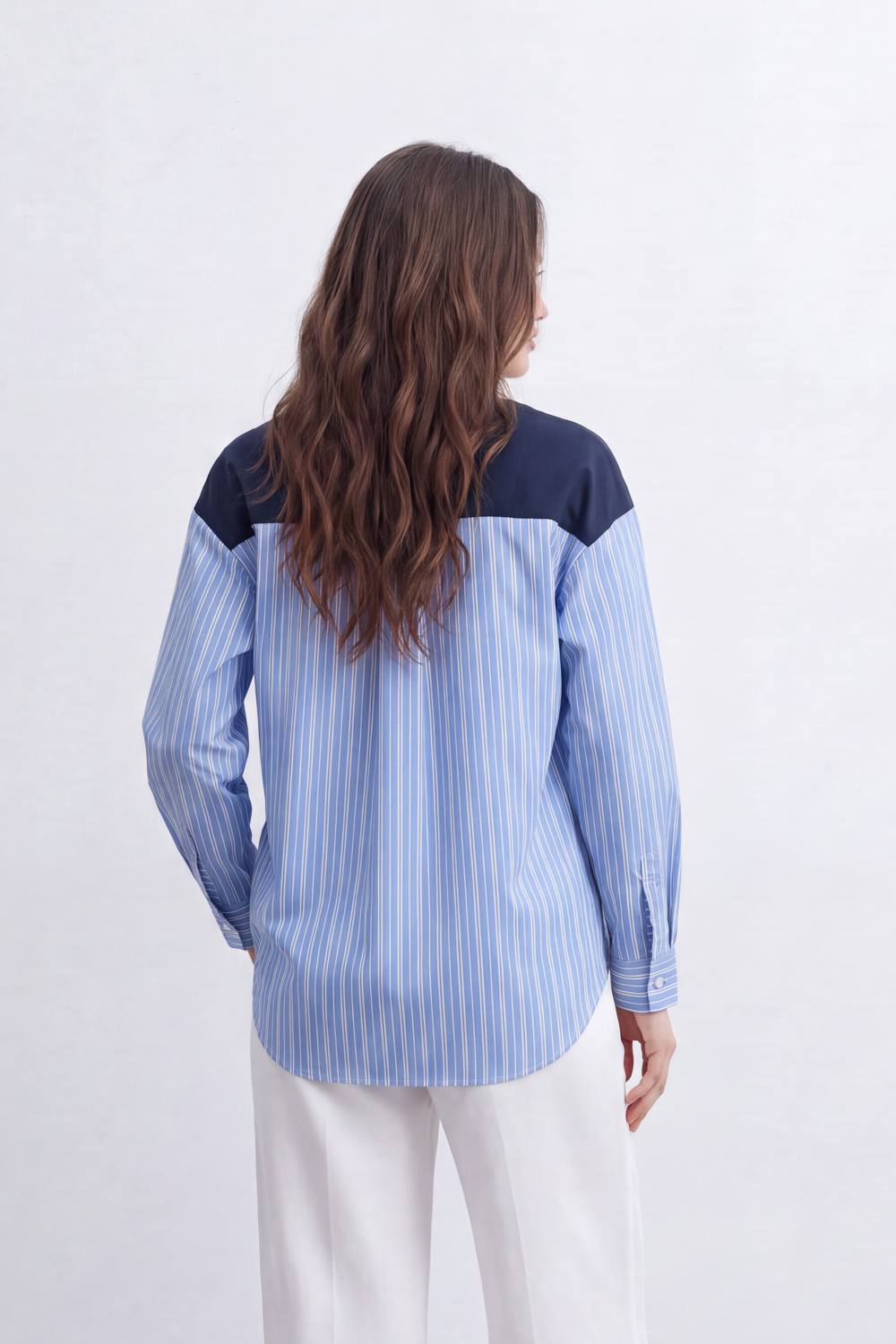 Women’s Tomato Store Layered Stripe Panel T-Shirt Solid Front Overlay Meets Vertical Stripe Back Panel Curved Longline Hem Mixed Texture