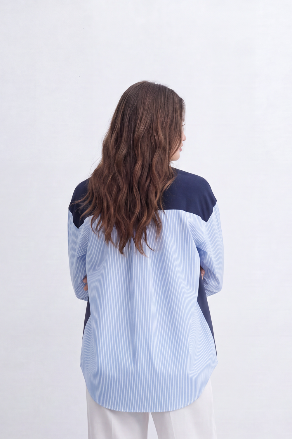 Women’s Tomato Store Layered Stripe Panel T-Shirt Solid Front Overlay Meets Vertical Stripe Back Panel Curved Longline Hem Mixed Texture