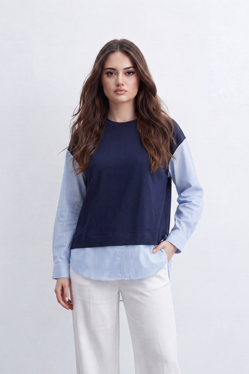 Women’s Tomato Store Layered Stripe Panel T-Shirt Solid Front Overlay Meets Vertical Stripe Back Panel Curved Longline Hem Mixed Texture