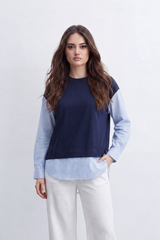 Women’s Tomato Store Layered Stripe Panel T-Shirt Solid Front Overlay Meets Vertical Stripe Back Panel Curved Longline Hem Mixed Texture