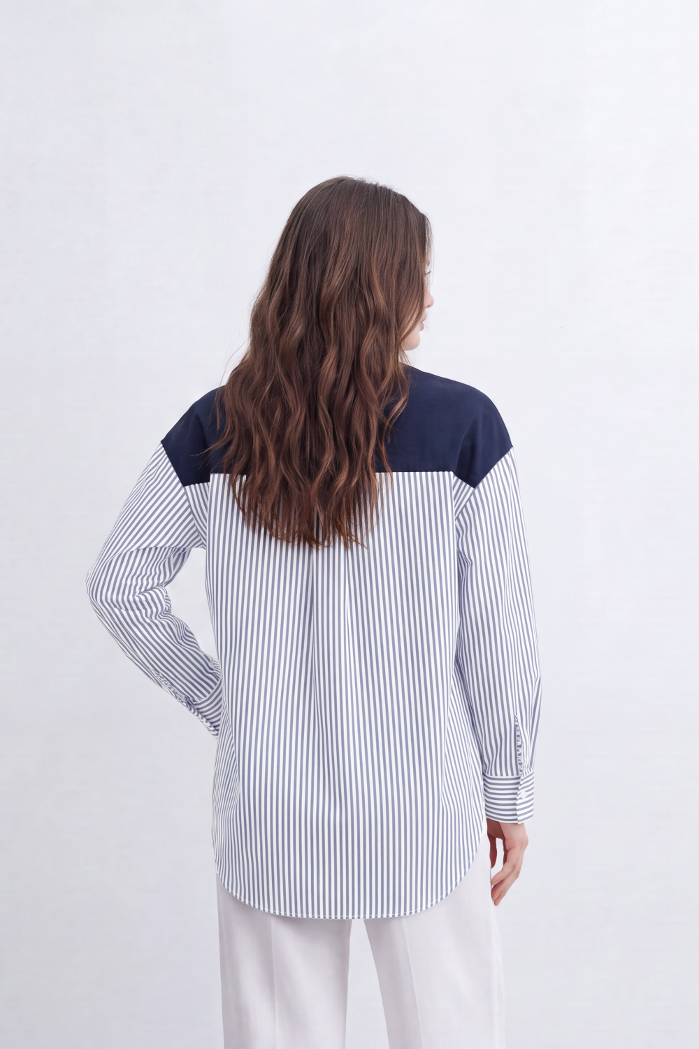 Women’s Tomato Store Layered Stripe Panel T-Shirt Solid Front Overlay Meets Vertical Stripe Back Panel Curved Longline Hem Mixed Texture