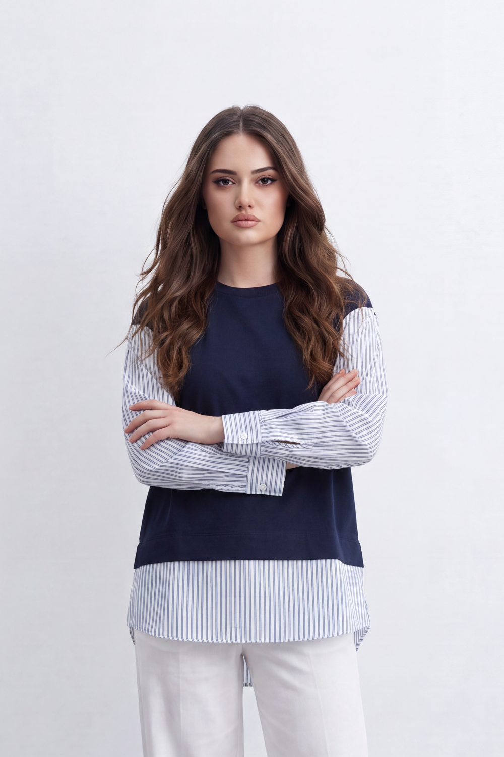 Women’s Tomato Store Layered Stripe Panel T-Shirt Solid Front Overlay Meets Vertical Stripe Back Panel Curved Longline Hem Mixed Texture